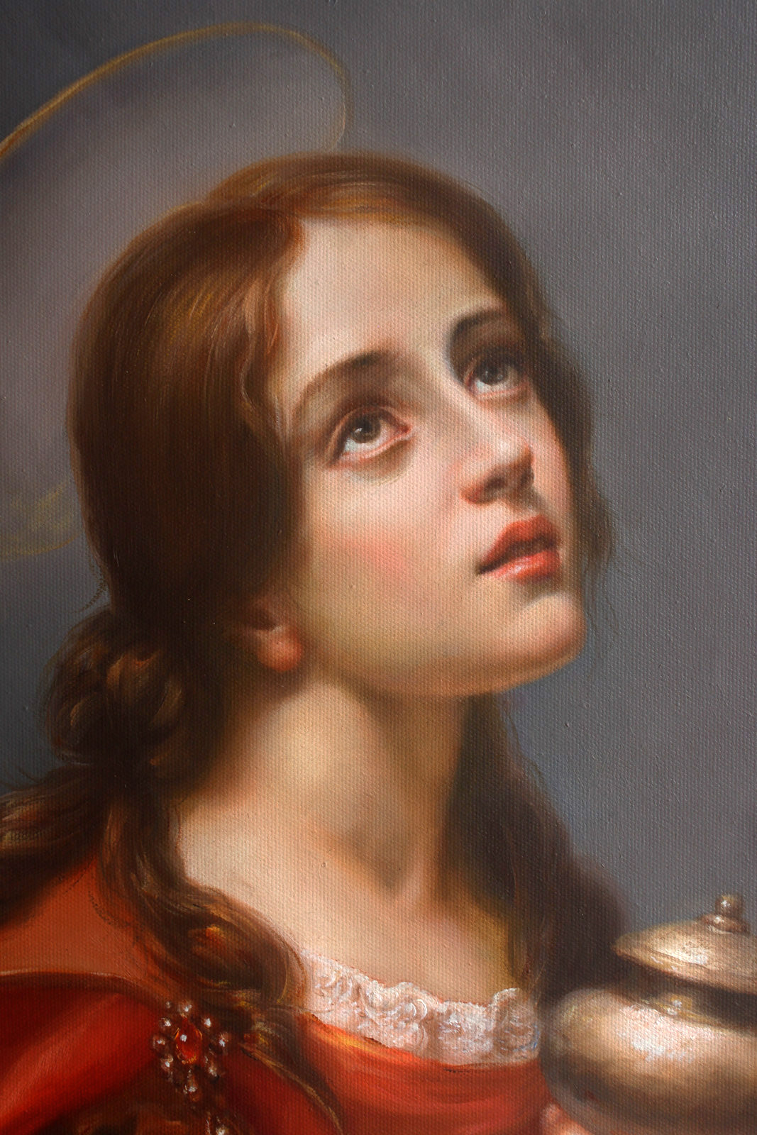 Custom reproduction Carlo Dolci Saint Mary Magdalene oil on canvas 20″x24″ - by | Dongyeearts | Hand-Painted Oil on Canvas & Limited Art Prints close-up of custom reproduction Carlo Dolci Saint Mary Magdalene oil on canvas