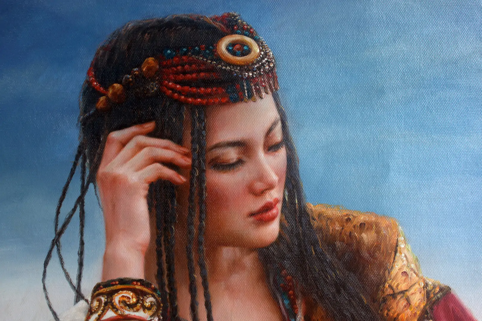 Asian art portrait of Tibetan girl original oil painting on canvas 24"x36" - by | Dongyeearts | Hand-Painted Oil on Canvas & Limited Art Prints Close-up of portrait of a Tibetan girl original oil painting