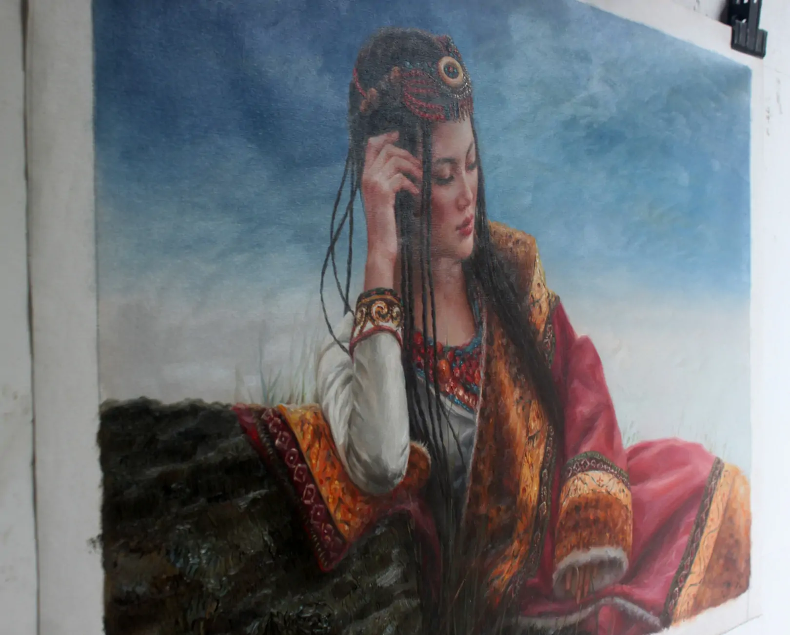 Asian art portrait of Tibetan girl original oil painting on canvas 24"x36" - by | Dongyeearts | Hand-Painted Oil on Canvas & Limited Art Prints Side view of portrait of a Tibetan girl original oil painting
