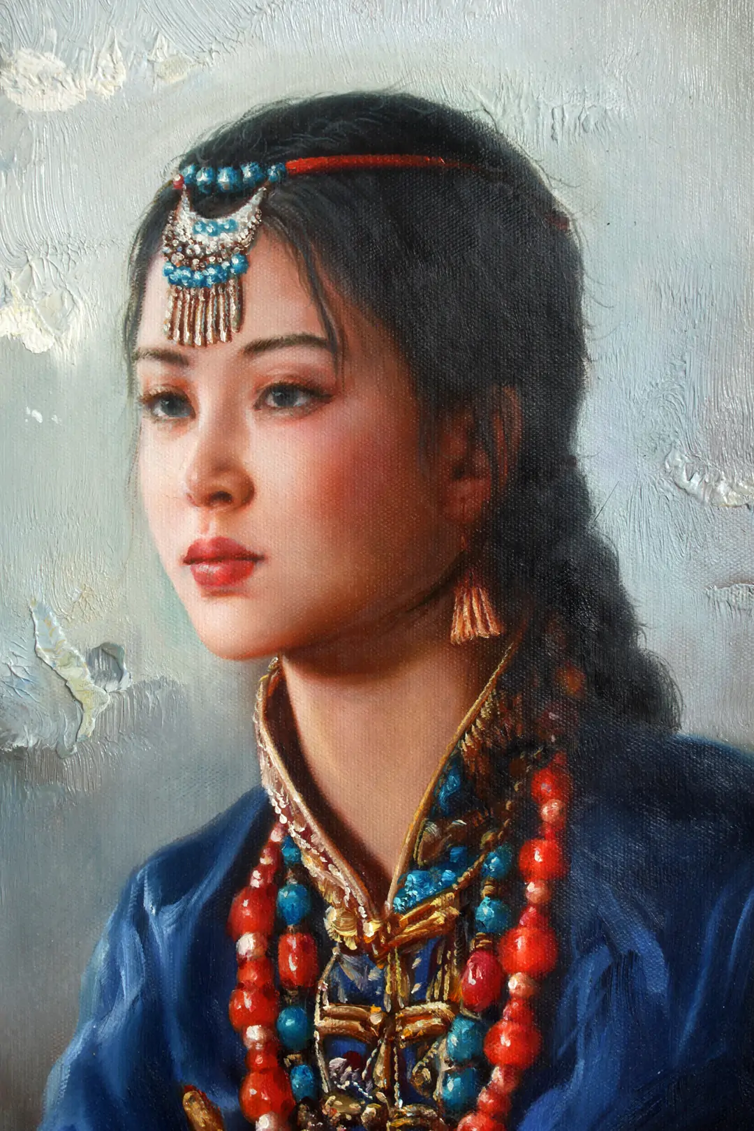 Asian art portrait of Tibetan girl original oil painting–Hand-Painted 24"x36" - by | Dongyeearts | Hand-Painted Oil on Canvas & Limited Art Prints Close-up of portrait of Tibetan girl original oil painting on canvas