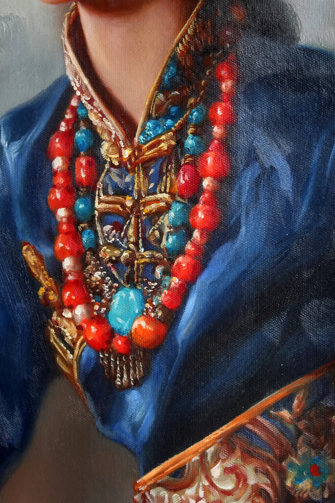 Asian art portrait of Tibetan girl original oil painting–Hand-Painted 24"x36" - by | Dongyeearts | Hand-Painted Oil on Canvas & Limited Art Prints Close-up of portrait of Tibetan girl original oil painting on canvas