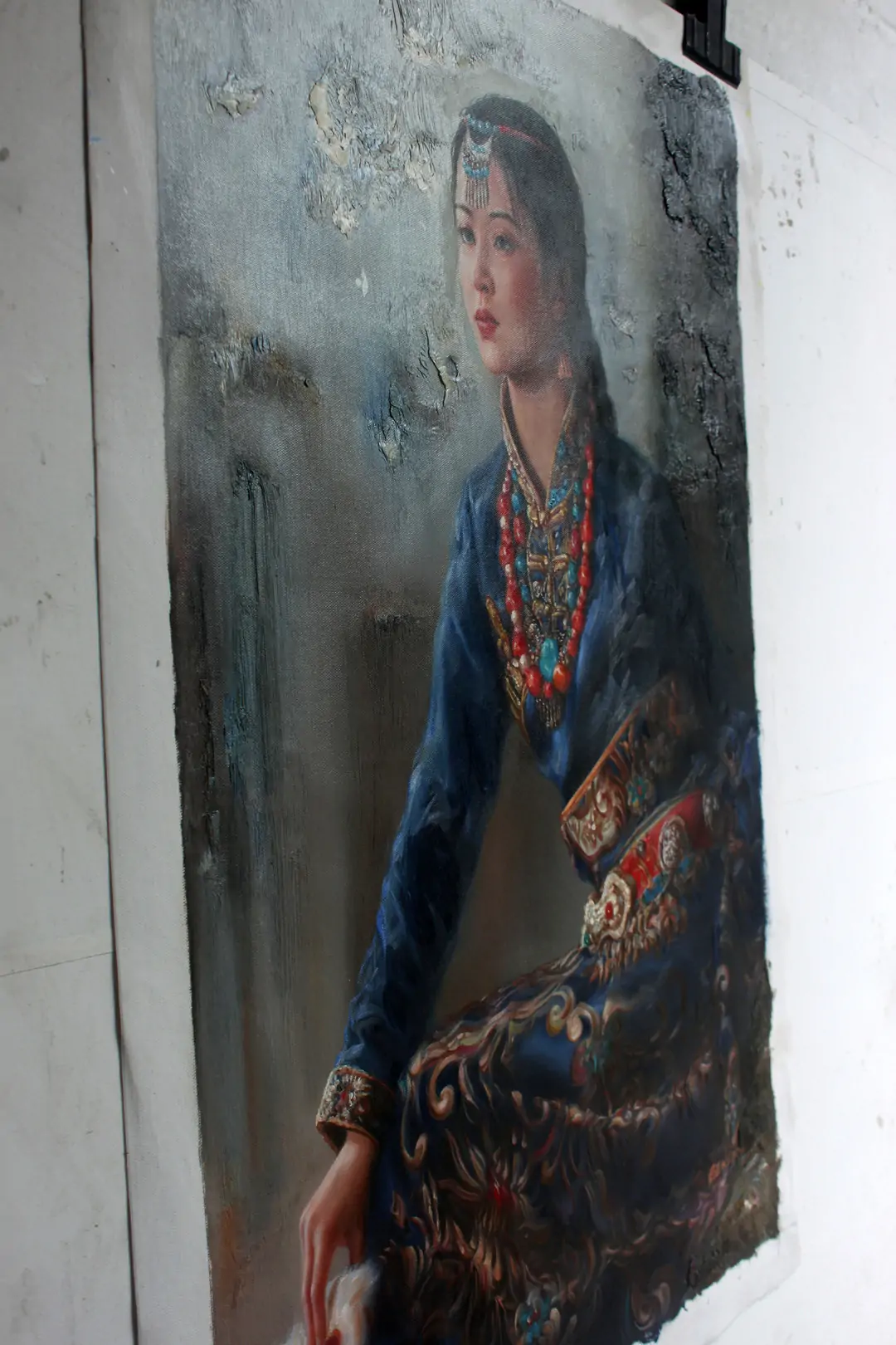 Asian art portrait of Tibetan girl original oil painting–Hand-Painted 24"x36" - by | Dongyeearts | Hand-Painted Oil on Canvas & Limited Art Prints Side view of portrait of Tibetan girl original oil painting on canvas