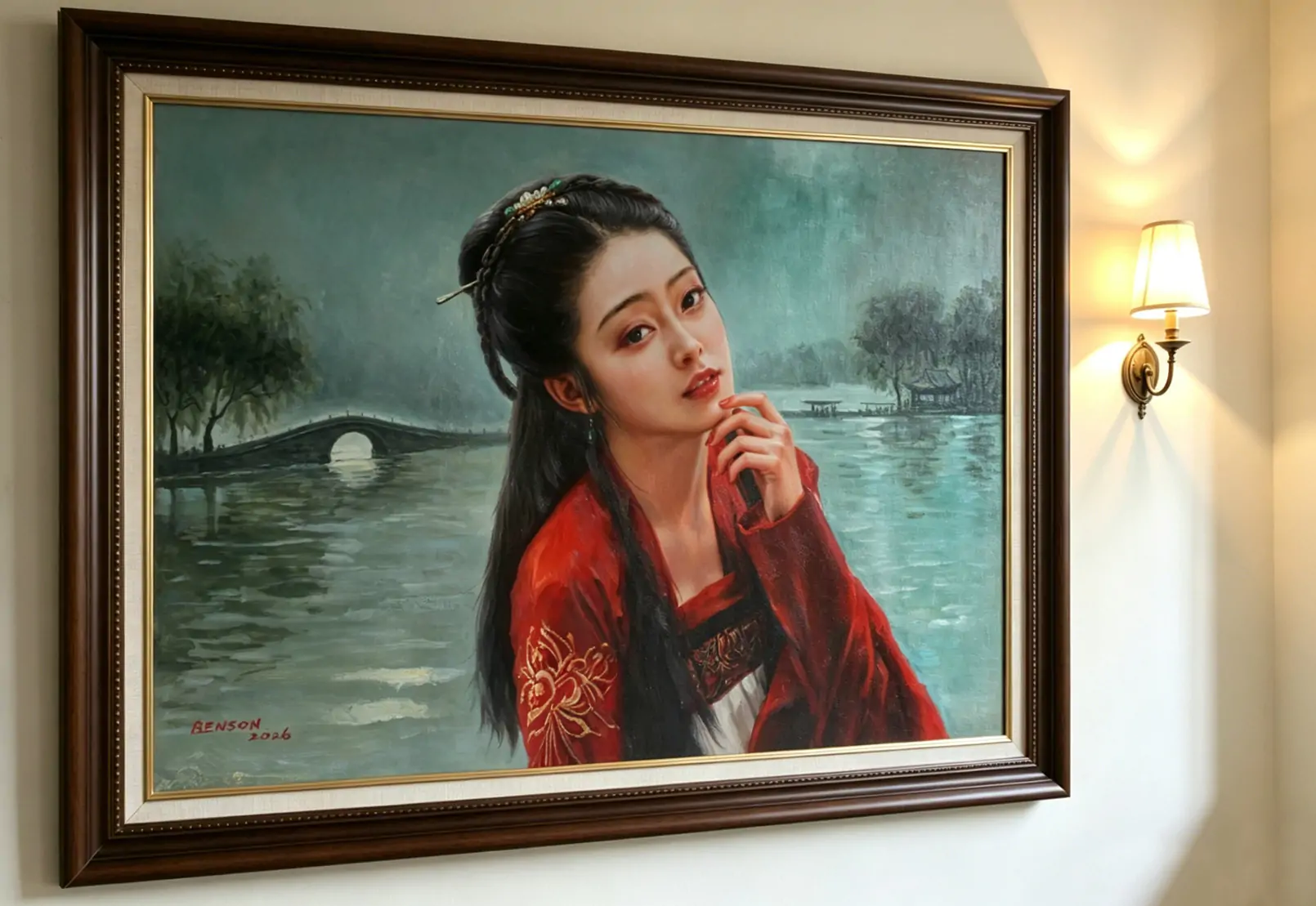 Whispers of West Lake – Original Oriental Beauty Oil Painting by Benson - by | Dongyeearts | Hand-Painted Oil on Canvas & Limited Art Prints Oriental beauty oil painting lady at West Lake by Benson