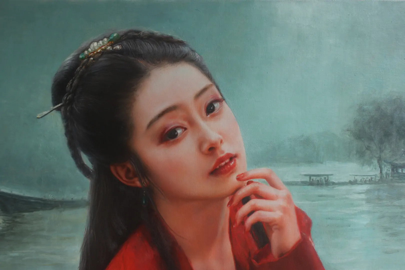 Whispers of West Lake – Original Oriental Beauty Oil Painting by Benson - by | Dongyeearts | Hand-Painted Oil on Canvas & Limited Art Prints Close-up of Oriental beauty oil painting lady at West Lake by Benson