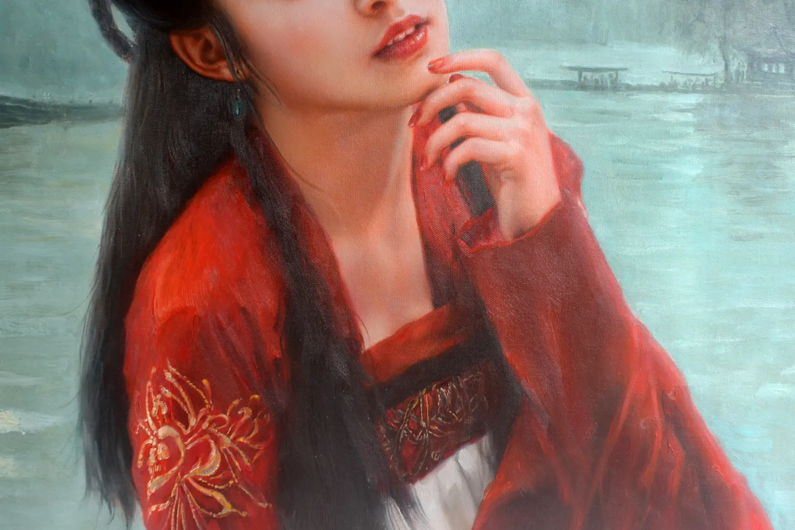 Whispers of West Lake – Original Oriental Beauty Oil Painting by Benson - by | Dongyeearts | Hand-Painted Oil on Canvas & Limited Art Prints Close-up of Oriental beauty oil painting lady at West Lake by Benson
