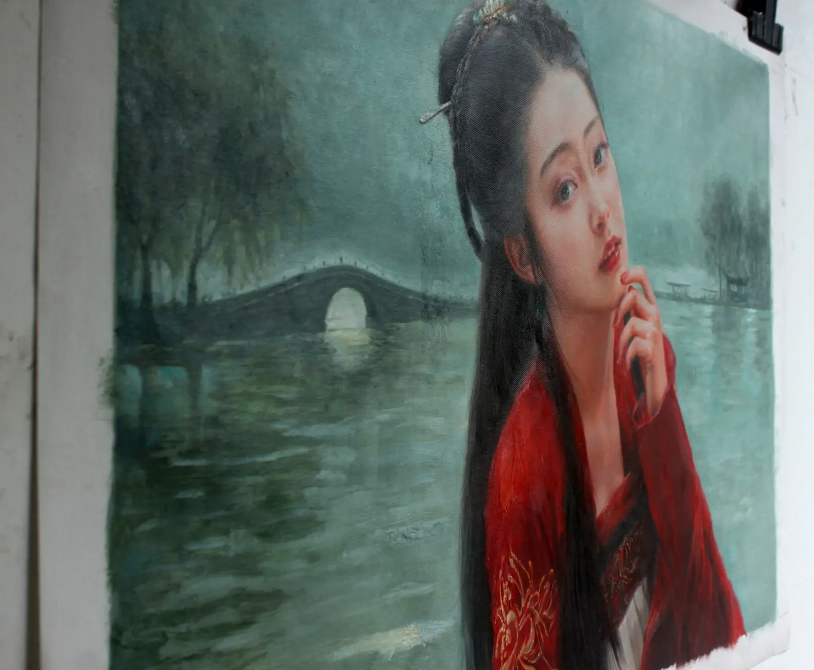 Whispers of West Lake – Original Oriental Beauty Oil Painting by Benson - by | Dongyeearts | Hand-Painted Oil on Canvas & Limited Art Prints Side view of Oriental beauty oil painting lady at West Lake by Benson