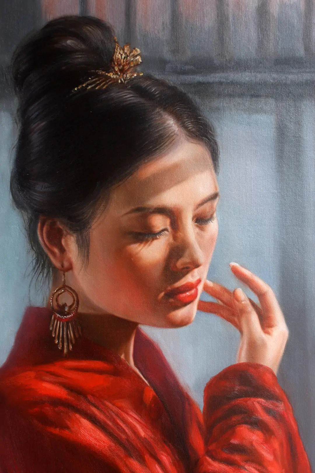 Asian Beauty Oil Painting Portrait Girl Original Oil on Canvas 24"x36" - by | Dongyeearts | Hand-Painted Oil on Canvas & Limited Art Prints Close-up of Asian beauty oil painting portrait girl original oil on canvas