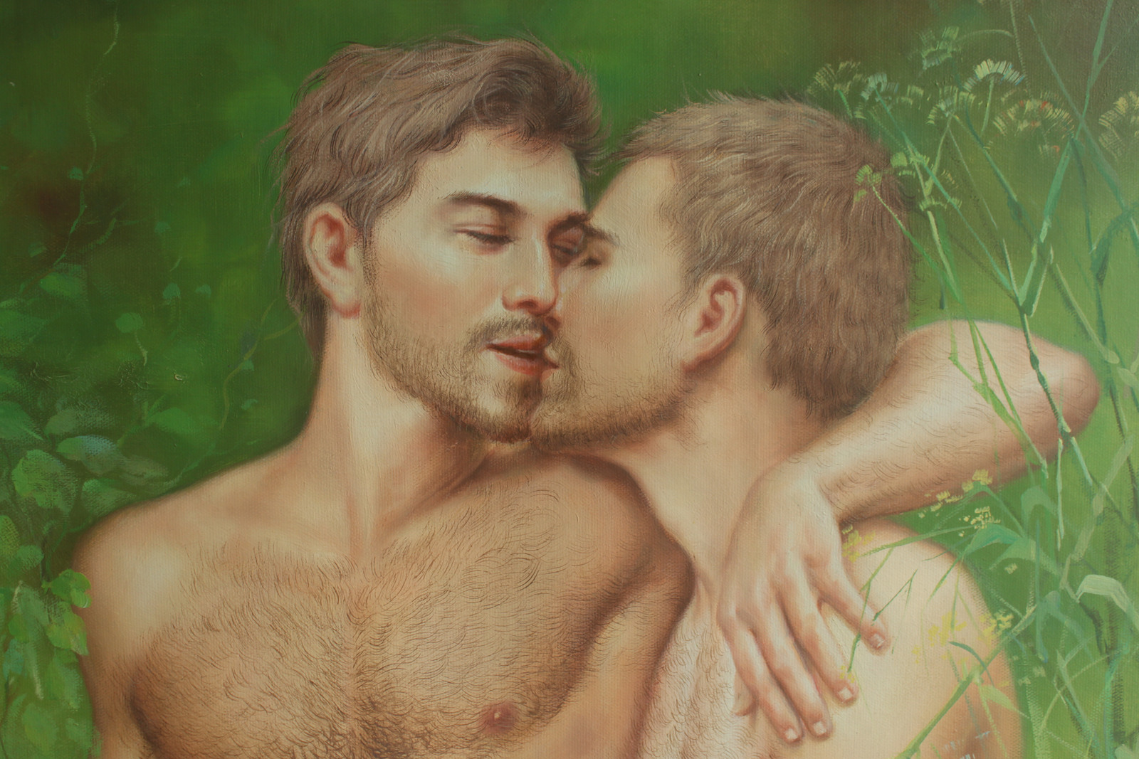 Close-up of LGBTQ figurative painting male nudes original oil painting