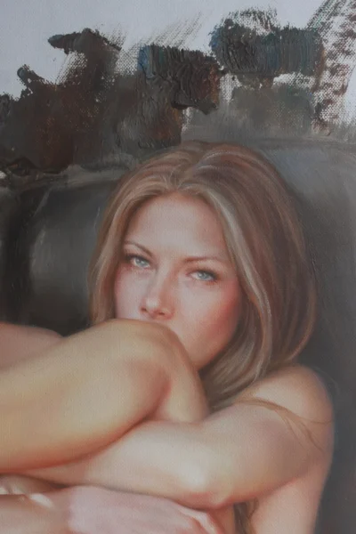 Charming nude girl sitting in sofa original oil on canvas
