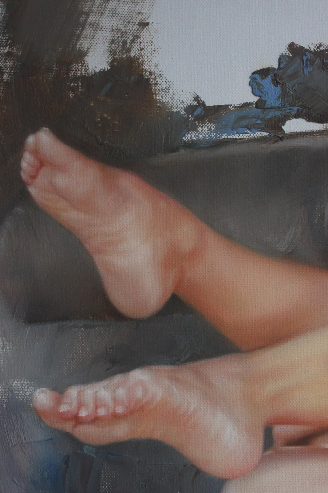 Charming nude girl sitting in sofa 20"x24" – original oil on canvas - by | Dongyeearts | Hand-Painted Oil on Canvas & Limited Art Prints Close-up of a charming nude girl sitting in sofa original oil on canvas