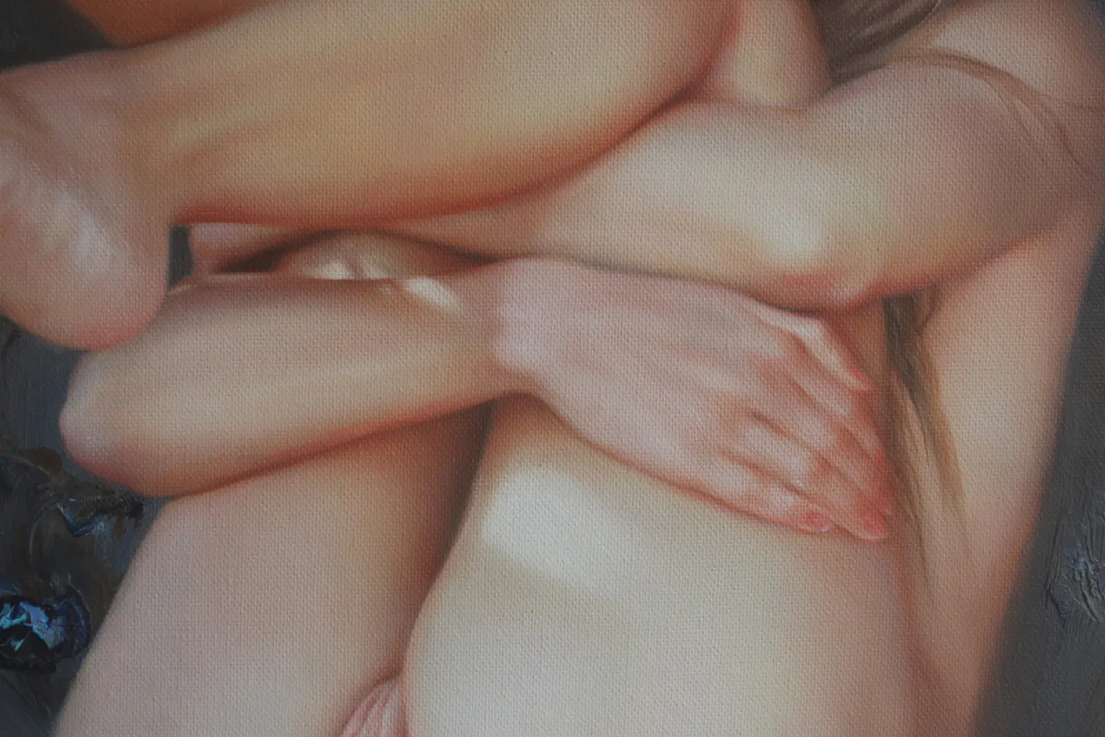 Charming nude girl sitting in sofa 20"x24" – original oil on canvas - by | Dongyeearts | Hand-Painted Oil on Canvas & Limited Art Prints Close-up of a charming nude girl sitting in sofa original oil on canvas