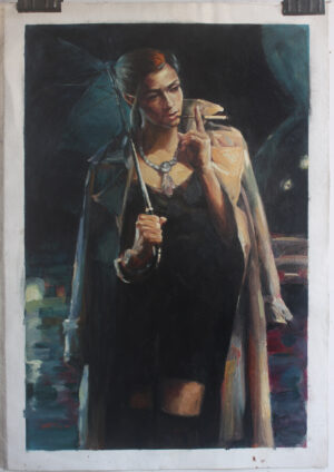 David Palumbo noir rainy night umbrella lady portrait oil painting replica oil painting
