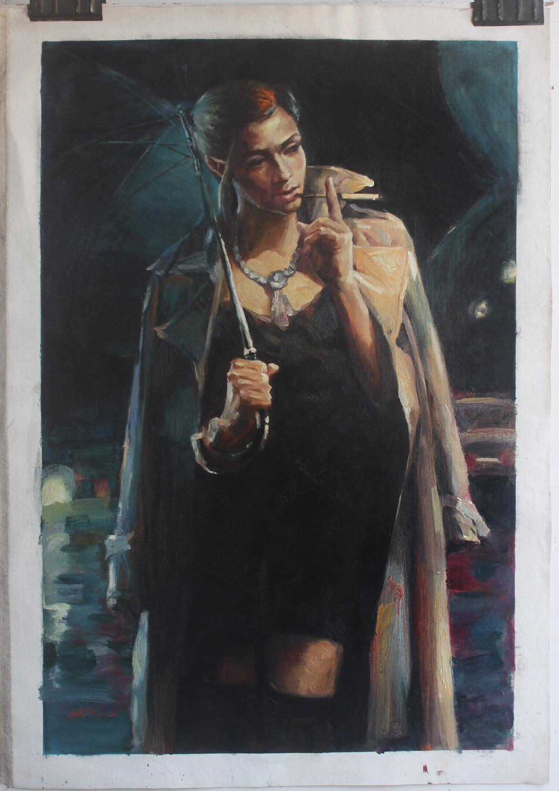 David Palumbo noir rainy night umbrella lady portrait oil painting replica oil painting
