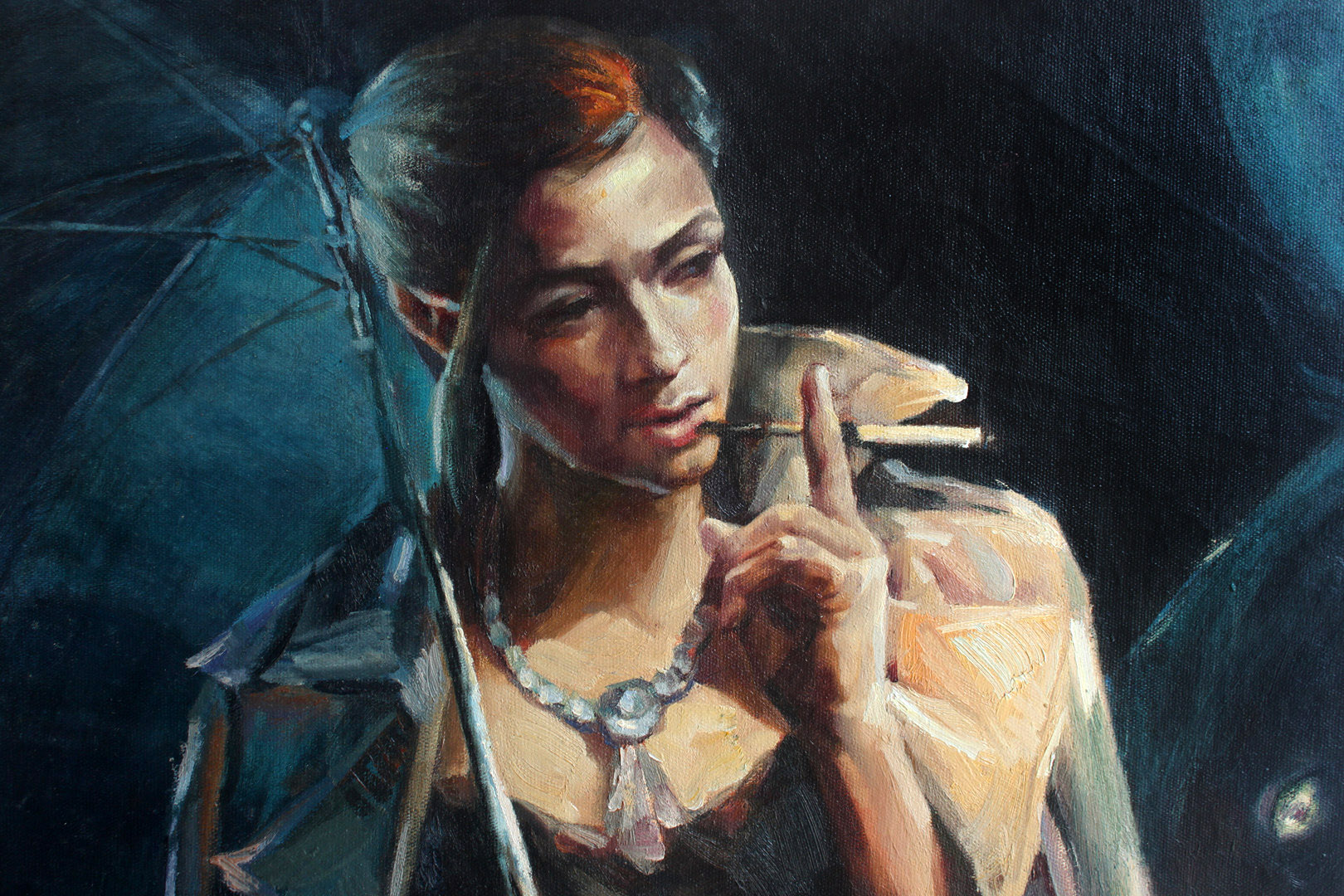 David Palumbo Urban Lady Canvas Portrait oil painting replica 61x91cm - by | Dongyeearts | Hand-Painted Oil on Canvas & Limited Art Prints Close-up of David Palumbo noir rainy night umbrella lady portrait oil painting replica oil painting