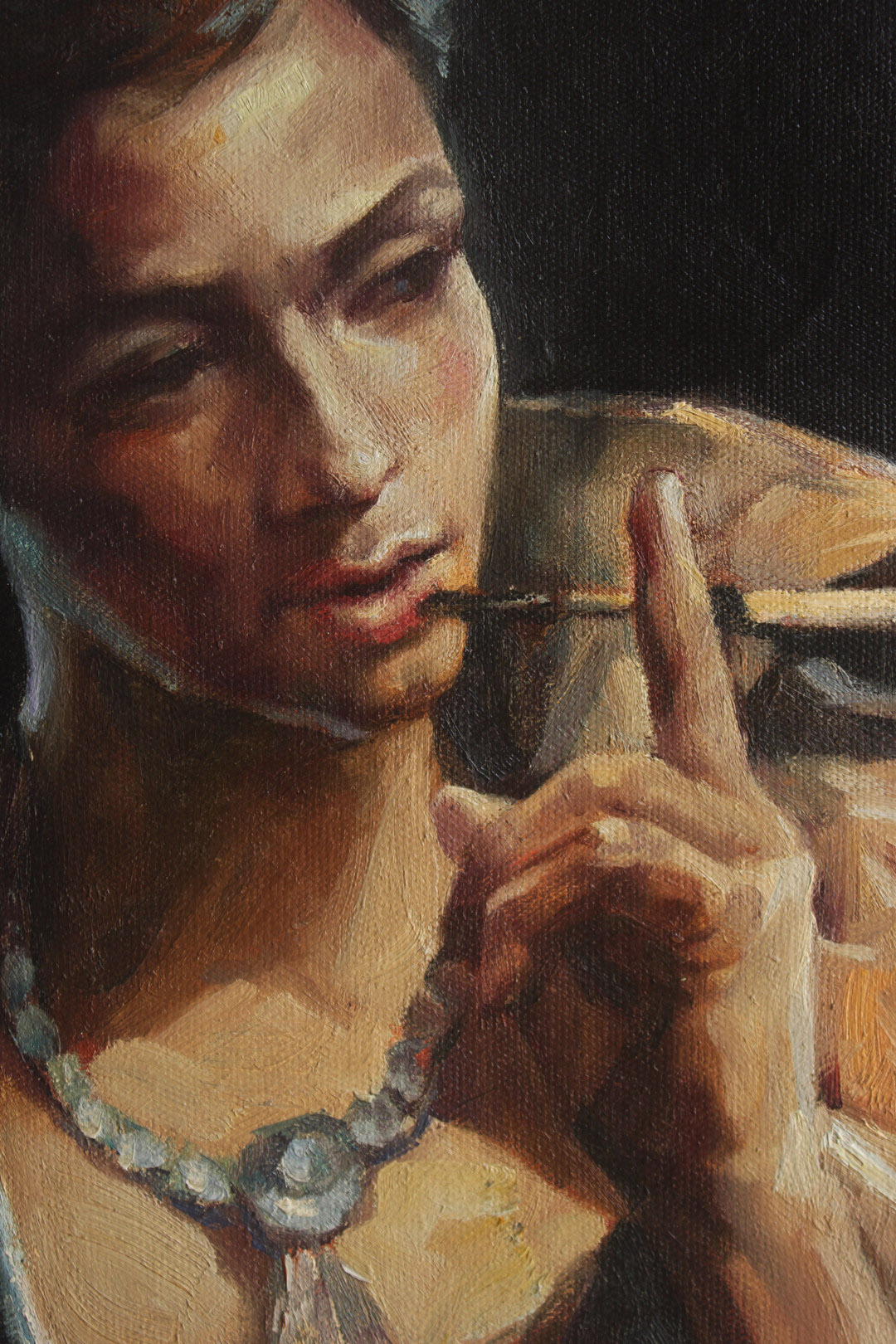 David Palumbo Urban Lady Canvas Portrait oil painting replica 61x91cm - by | Dongyeearts | Hand-Painted Oil on Canvas & Limited Art Prints Close-up of David Palumbo noir rainy night umbrella lady portrait oil painting replica oil painting