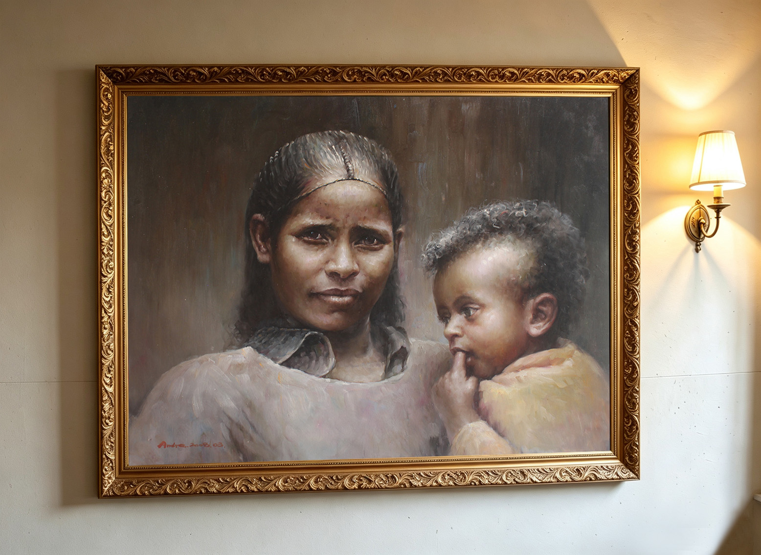 Ethiopian Mom & Baby Portrait Oil Painting African Family Wall Decor 24" x 30" - by | Dongyeearts | Hand-Painted Oil on Canvas & Limited Art Prints Ethiopian mom & baby portrait oil painting African family wall Decor