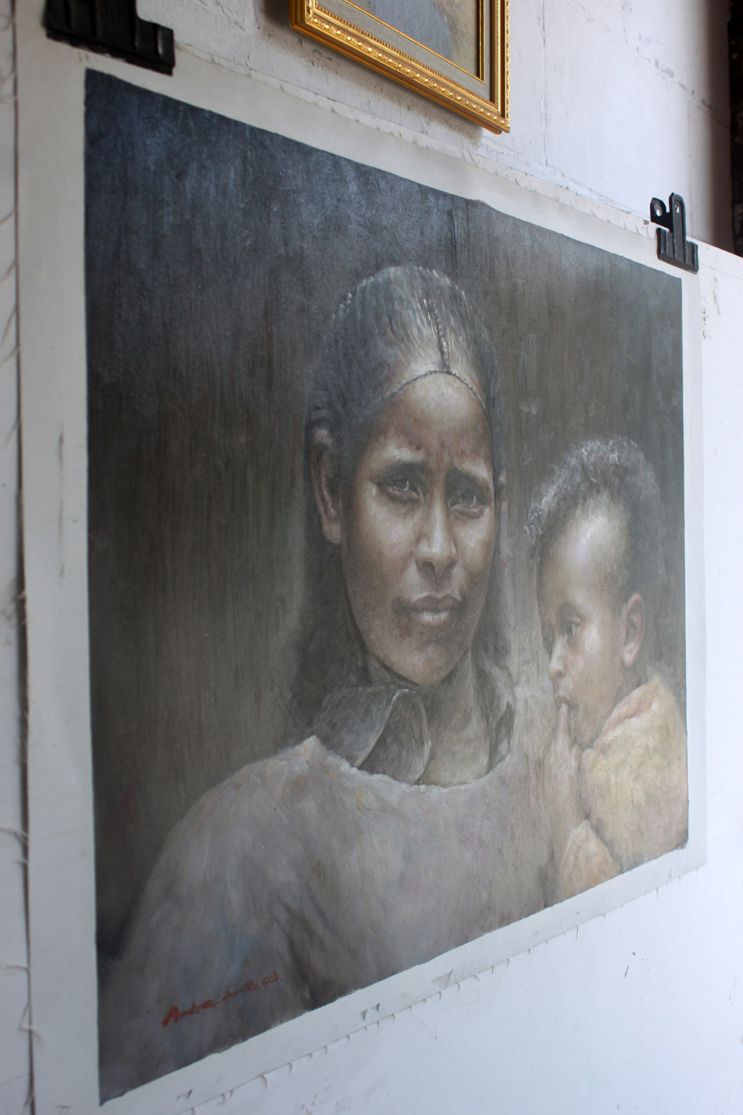 Ethiopian Mom & Baby Portrait Oil Painting African Family Wall Decor 24" x 30" - by | Dongyeearts | Hand-Painted Oil on Canvas & Limited Art Prints Side view of Ethiopian mom & baby portrait oil painting African family wall Decor