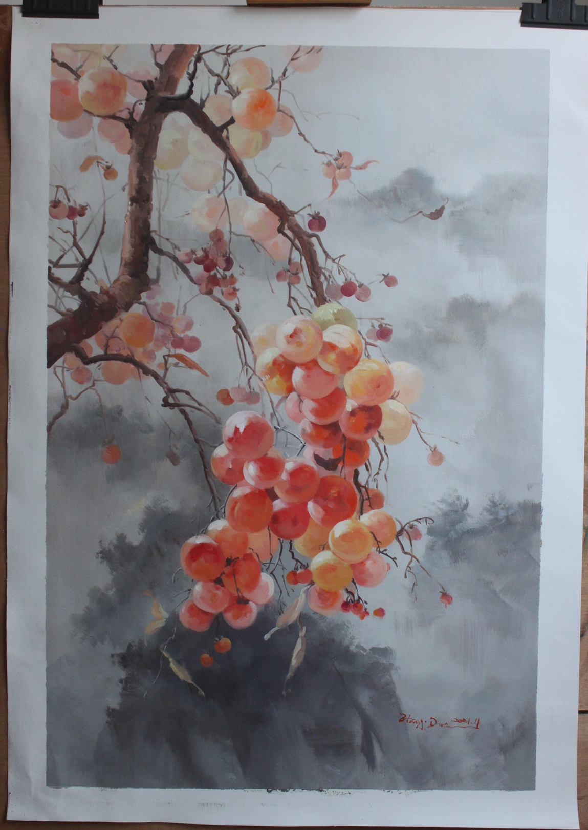 Fruit oil painting autumn persimmon tree artwork