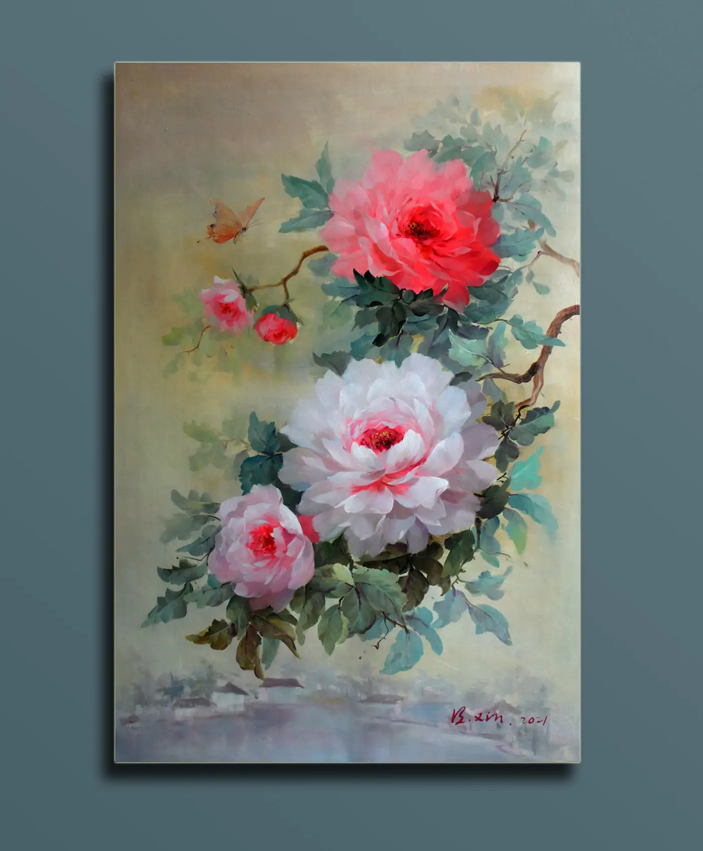 Original Floral Oil Painting – Peony Flowers | Bixing Floral Series - by | Dongyeearts | Hand-Painted Oil on Canvas & Limited Art Prints Original floral oil painting hand-painted artwork