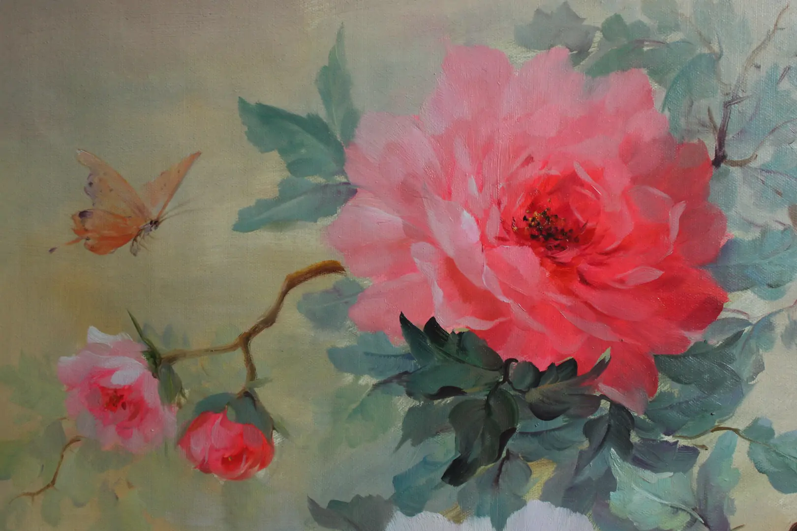Original Floral Oil Painting – Peony Flowers | Bixing Floral Series - by | Dongyeearts | Hand-Painted Oil on Canvas & Limited Art Prints Close-up of original floral oil painting hand-painted artwork