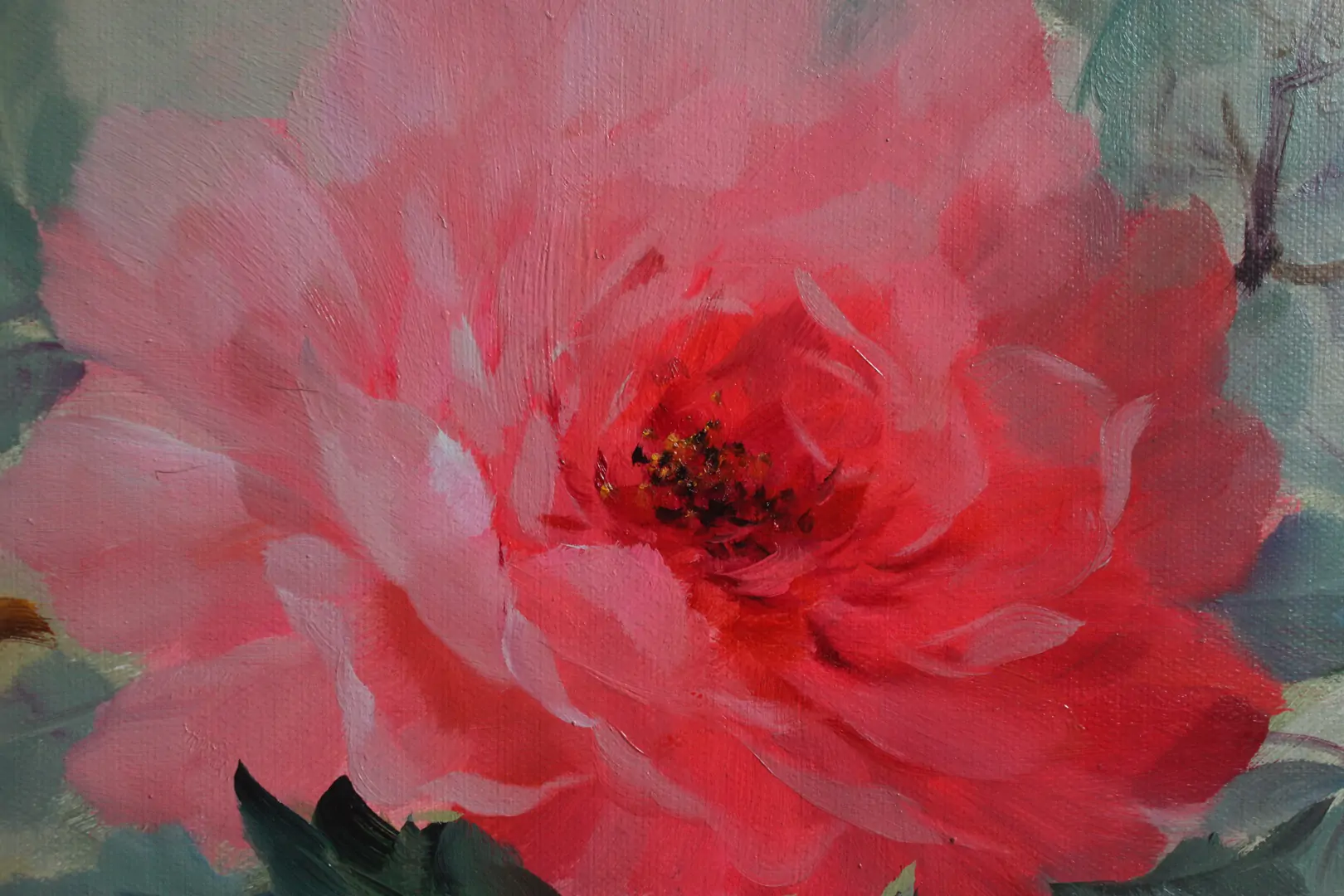 Original Floral Oil Painting – Peony Flowers | Bixing Floral Series - by | Dongyeearts | Hand-Painted Oil on Canvas & Limited Art Prints Close-up of original floral oil painting hand-painted artwork