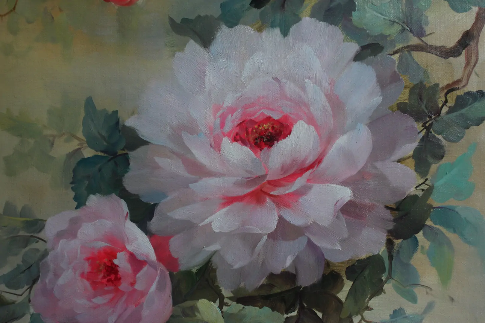 Original Floral Oil Painting – Peony Flowers | Bixing Floral Series - by | Dongyeearts | Hand-Painted Oil on Canvas & Limited Art Prints Close-up of original floral oil painting hand-painted artwork