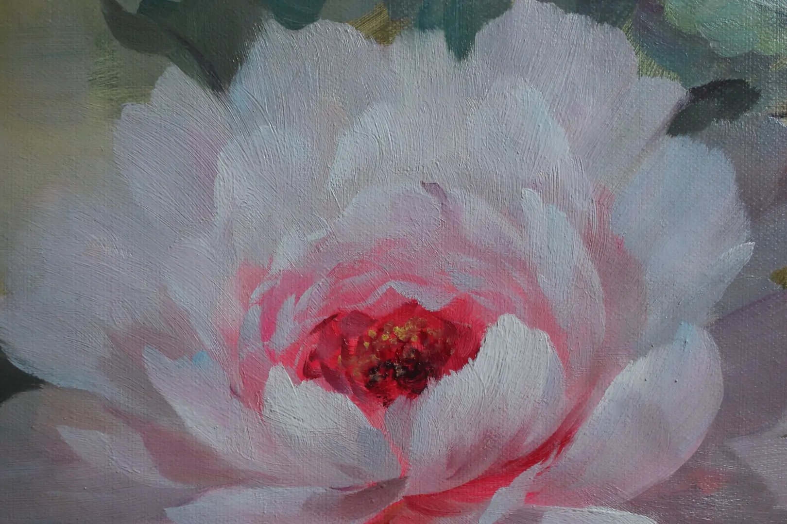 Original Floral Oil Painting – Peony Flowers | Bixing Floral Series - by | Dongyeearts | Hand-Painted Oil on Canvas & Limited Art Prints Close-up of original floral oil painting hand-painted artwork
