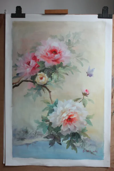 Hand-painted peony flower oil painting by artist Bixing original artwork